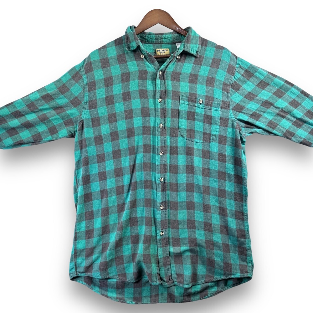 Northwest Blue Flannel Mens Large Tall LT Green Plaid Button Up Shirt Winter